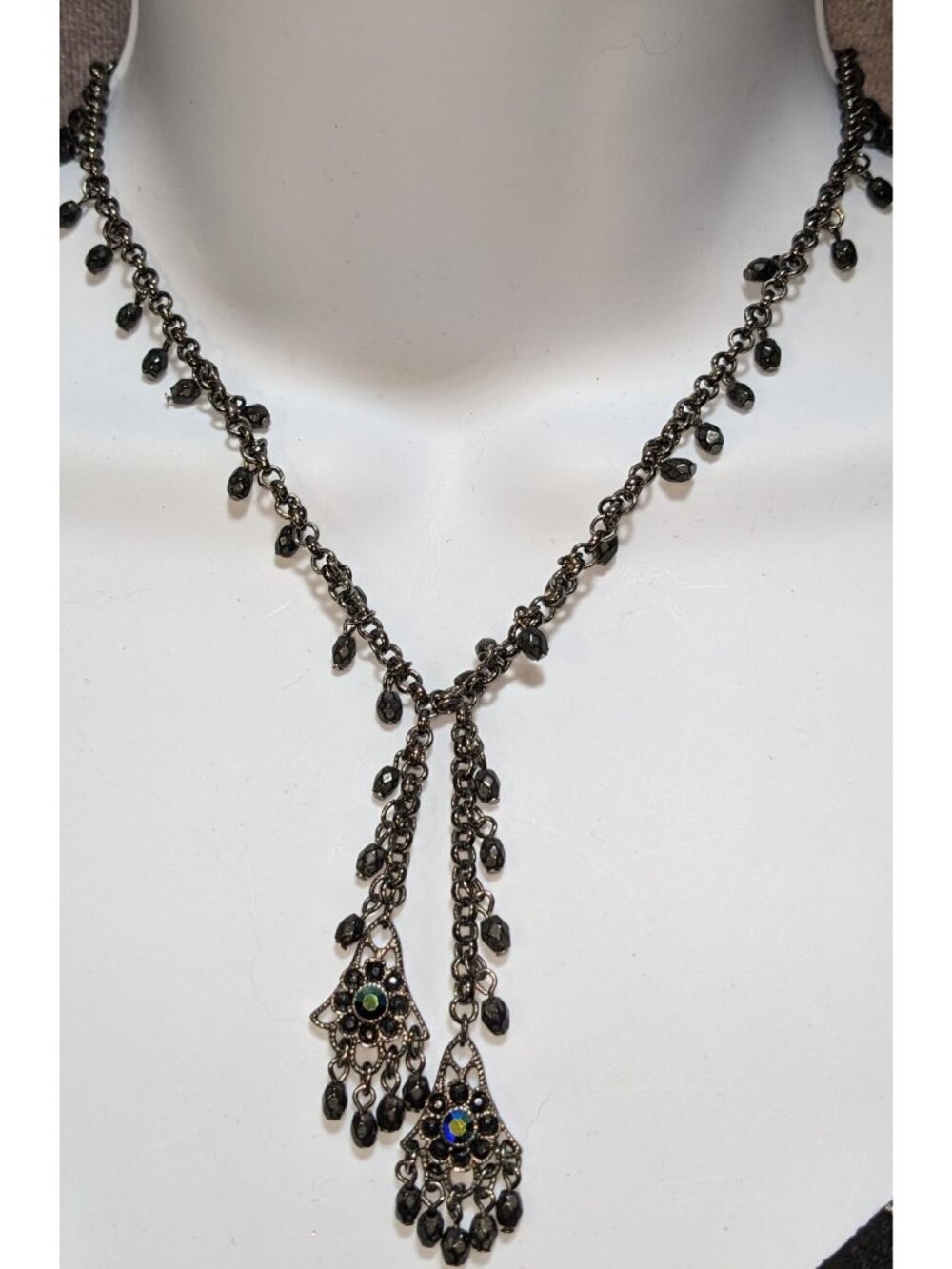 Gothic Black Beaded Chandelier Necklace With Iridescent Accents